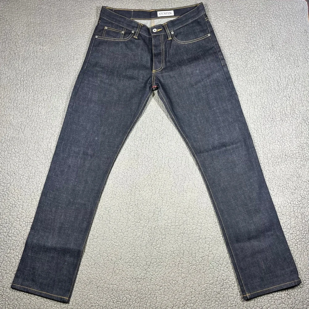Gustin Mens Raw Selvedge Denim Jeans Indigo Blue Button Fly Straight Leg Size 30
